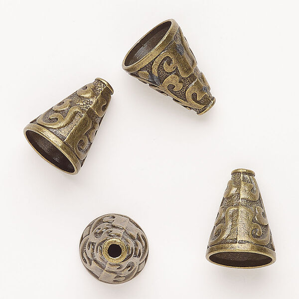 Cone, "pewter" (zinc-based alloy), pkg/4, 22x16mm textured with scrolls, antique brass finish. image number 0