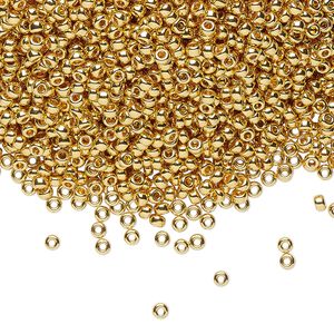 Seed bead, Miyuki, glass, pkg/250g, #11 rocaille, opaque 24Kt gold-plated, (RR-191).