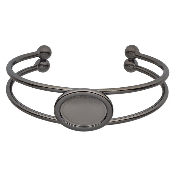 Bracelet, cuff, gunmetal-plated brass and "pewter" (zinc-based alloy), 65x18mm with 18x13mm oval setting, adjustable. Sold individually. image number 0