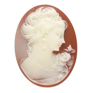 Cabochon, acrylic, peach and white, 40x30mm right-facing non-calibrated oval cameo with woman. Sold individually.