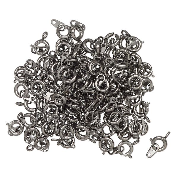 Clasp, springring, gunmetal-finished "pewter" (zinc-based alloy), 6mm round with chain tab. Sold per pkg of 100. image number 0