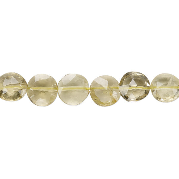 Bead, lemon quartz (heated), 8-9mm hand-cut faceted puffed flat round, B- grade, Mohs hardness 7. Sold per 8-inch strand. image number 0
