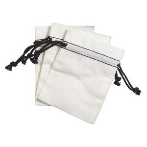 Pouch, cotton, black and white, 4x3-inch rectangle with drawstring. Sold per pkg of 3.