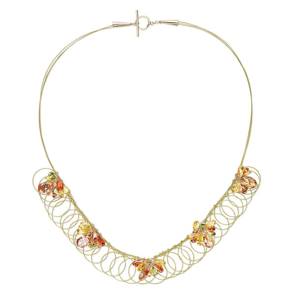 Necklace, One of a Kind Jewelry, cubic zirconia / nylon / stainless steel, light orange / yellow / green, 25 inches with toggle clasp. Only one available. image number 0
