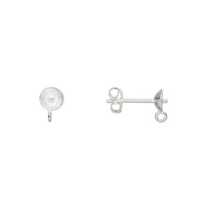 Earstud 1pkg10 sterling silver, 5mm cup / 2mm peg / open loop / 6-8mm half-drilled round setting / earnuts, 5 pair