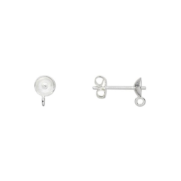 Earstud 1pkg10 sterling silver, 5mm cup / 2mm peg / open loop / 6-8mm half-drilled round setting / earnuts, 5 pair image number 0