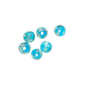Bead, lampworked glass, clear / blue / glow-in-the-dark / gold, 6mm round. Sold per pkg of 6.