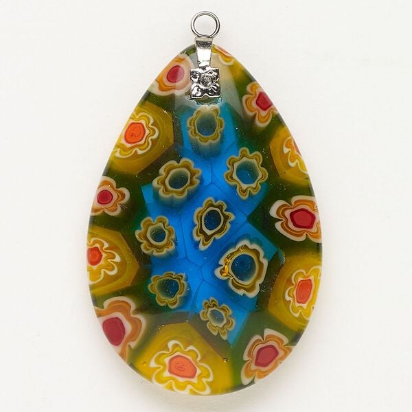 Focal 1pkg1 silver-finished steel and millefiori glass, translucent and transparent aqua blue and multicolored, 47x30mm-48x33mm puffed teardrop. image number 0