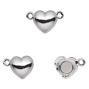 Clasp magnetic 1pkg1 rhodium-plated pewter (tin alloy), 12mm heart, 1-strand