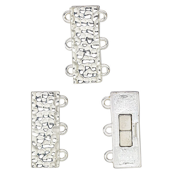 Clasp, 3-strand magnetic, sterling silver, 20x7mm hammered rectangle. Sold individually. image number 0