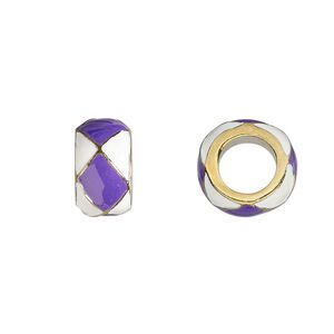 Bead, Dione®, enamel and gold-finished "pewter" (zinc-based alloy), opaque purple and white, 13x7mm rondelle with 7mm hole. Sold individually.