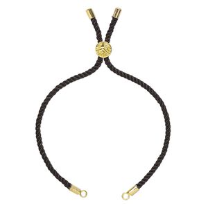 Bracelet component, nylon and gold-finished "pewter" (zinc-based alloy), black, 3mm wide, 8-3/4 inches with 9mm flat round adjustable slider bead with tree of life design and 2 open loops. Sold individually.