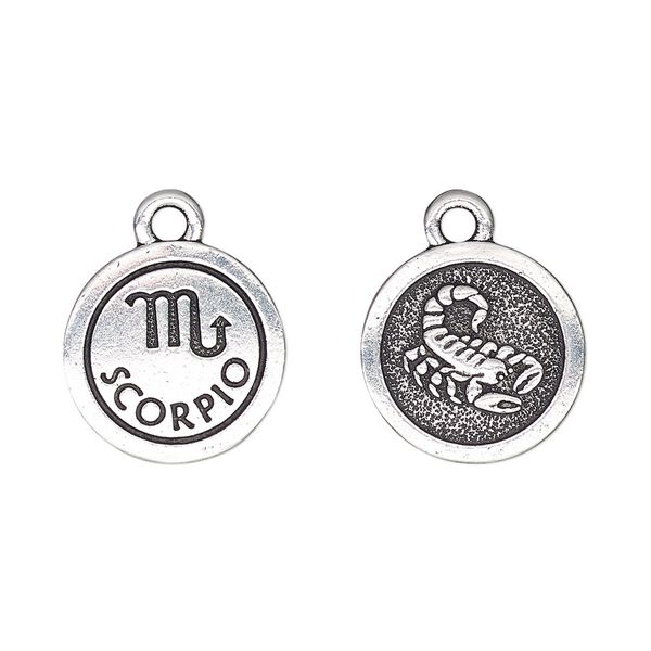 Charm, TierraCast®, antique silver-plated pewter (tin-based alloy), 15mm two-sided flat round with Scorpio zodiac sign and symbol. Sold per pkg of 2. image number 0