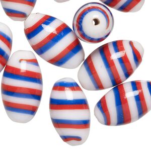 Bead, lampworked glass, opaque red / blue / white, 20x11mm oval. Sold per pkg of 10.