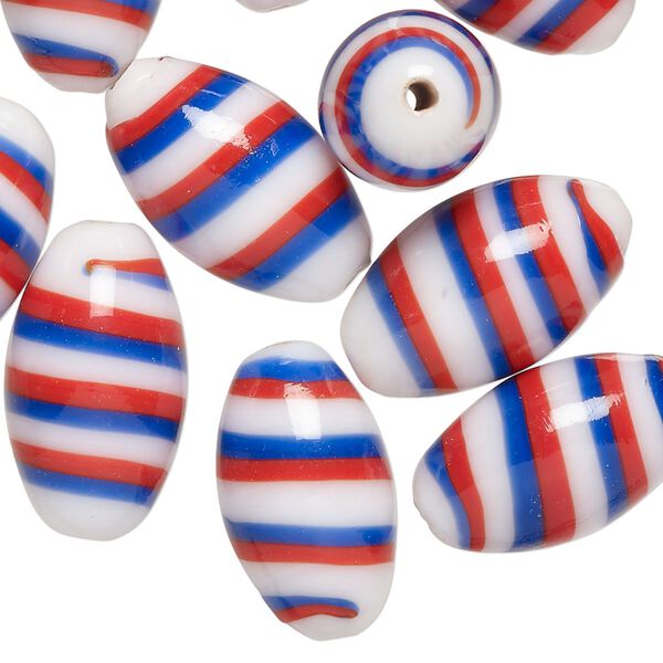 Bead, lampworked glass, opaque red / blue / white, 20x11mm oval. Sold per pkg of 10. image number 0