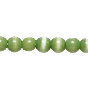 Bead, cat's eye glass (fiber optic glass), moss green, 6-8mm irregular round. Sold per 14-inch strand, approximately 50 beads.