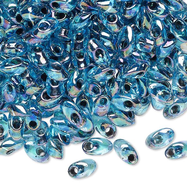 Seed bead, Miyuki, glass, pkg/250g, 7x4mm long magatama, translucent black inside dyed color aqua blue, (LMA-2168). image number 0