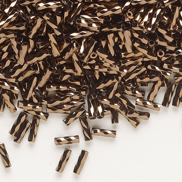 Bugle bead, Dyna-Mites™, glass, opaque iris bronze, 6mm twisted. Sold per Sold per 50-gram pkg. image number 0