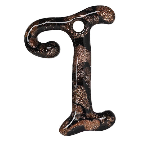 Focal, lampworked glass, semitransparent black and clear with copper-colored glitter, 43x32mm single-sided letter I with 3.5-4.5mm hole. Sold individually. image number 0
