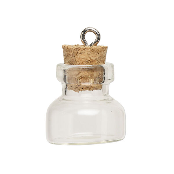 Component, glass / cork / nickel-finished steel, clear, 20x19mm bottle with stopper and screw eye. Sold per pkg of 10. image number 1