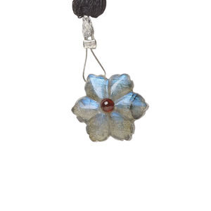 Labradorite / garnet 1pkg1, top-drilled hand-cut 1sided carved flower bead natural, 13mm