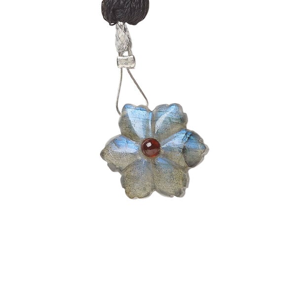Labradorite / garnet 1pkg1, top-drilled hand-cut 1sided carved flower bead natural, 13mm image number 0