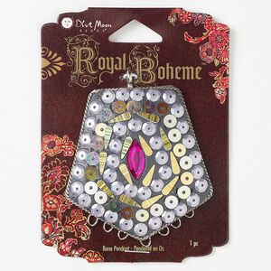 Focal, resin / acrylic sequins / antique silver-finished "pewter" (zinc-based alloy), multicolored, 57x54mm-57x55mm pentagon, 7 loops. Sold individually.