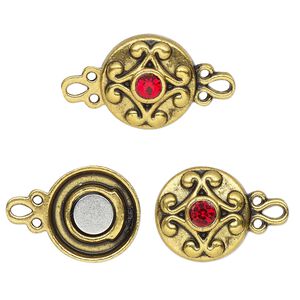 Clasp magnetic 1pkg2 "pewter" (zinc alloy), 12mm double-sided round, antique gold-finished / red rhinestone 1-strand