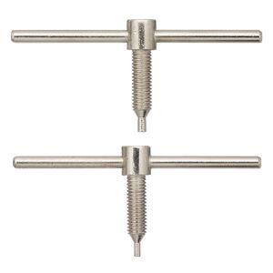 Replacement T-pin for hole punch, nickel-plated steel, (1) 2-3/8x1-1/8x1/4 inch T-shaped 1.5mm pin and (1) 2-3/8x1-1/8x1/4 inch T-shaped 2mm pin. Sold per pkg of 2.
