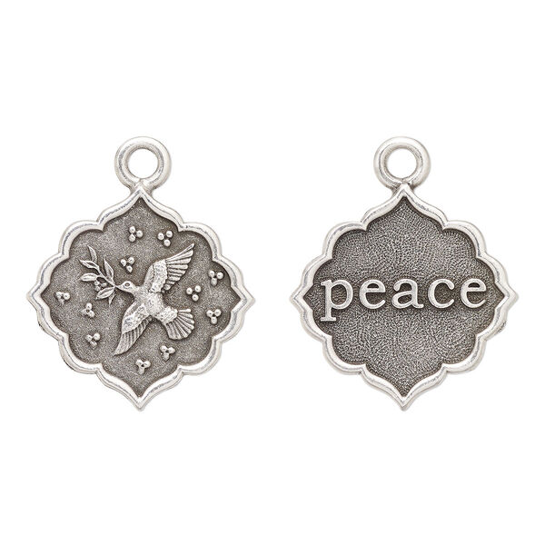 Drop, TierraCast®, antique silver-plated pewter, 24.5mm 2-sided scalloped diamond with dove and "peace." Sold individually. image number 0