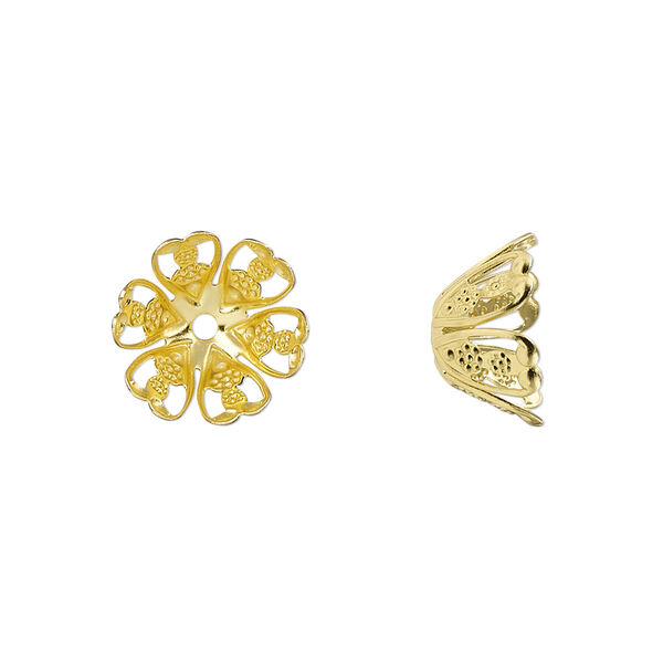 Bead cap, gold-finished copper, 12x7mm filigree bell, fits 8-10mm round bead. Sold per pkg of 20. image number 0