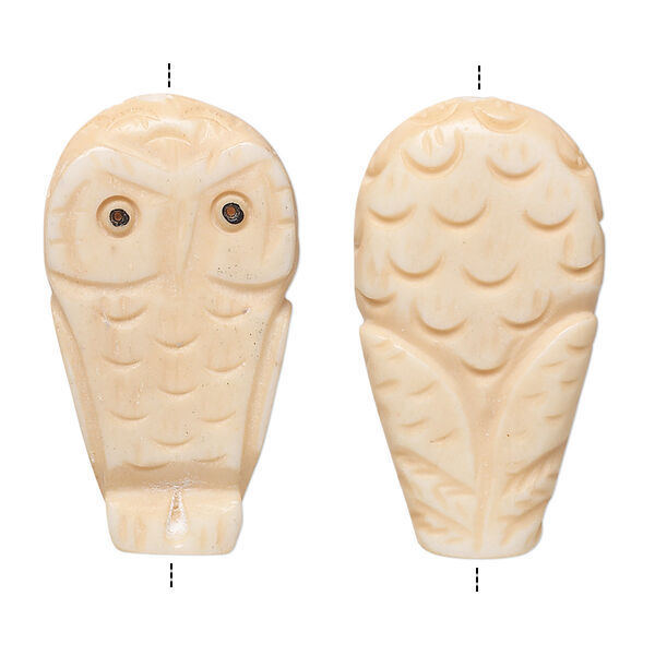 Bead, bone (dyed), antiqued brown and black, 30x13mm two-sided carved owl, Mohs hardness 2-1/2. Sold per pkg of 2. image number 0