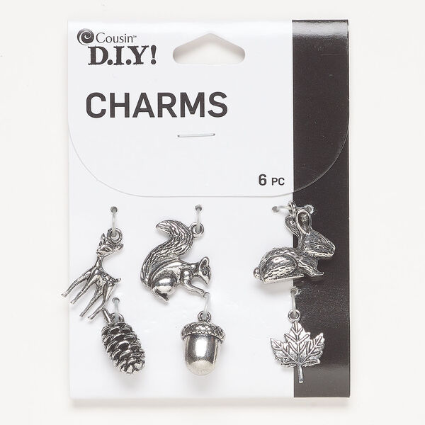 Charm assortment 1pkg6, antique silver-finished "pewter" (zinc alloy), 17x9mm-22x20mm mixed nature shapes. image number 0