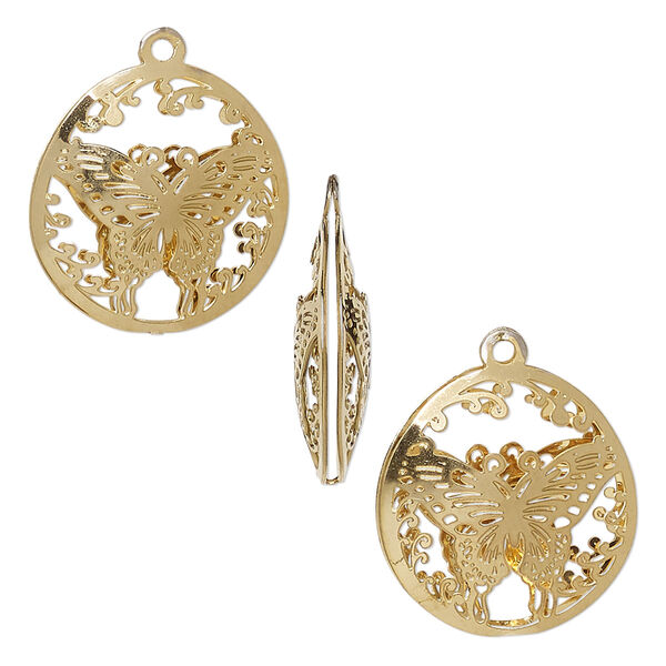 Drop, gold-finished stainless steel, 18mm double-sided domed round with textured cut-out butterfly design. Sold per pkg of 6. image number 0