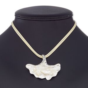 Necklace, plastic / resin / waxed cotton cord / silver-coated plastic / silver-finished steel / "pewter" (zinc-based alloy), cream and white, 58x48mm ginkgo leaf, 16 inches with 2-1/2 inch extender chain and lobster claw clasp. Sold individually.