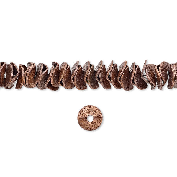 Bead, antique copper-plated brass, 6x2mm-8x2mm textured wavy rondelle. Sold per pkg of 30. image number 0