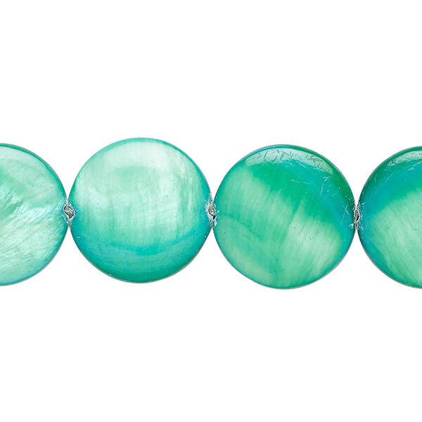 Mother-of-pearl shell 1pkg1, puffed flat round bead 15 inch bright green 14-15mm image number 0