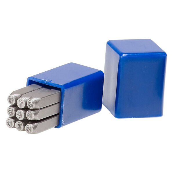 Stamp, tempered chrome vanadium steel, 3mm fancy numbers "0" to "8," 2-3/8 inches long with 6x6mm square shank. Sold per 9-piece set in plastic box. image number 0