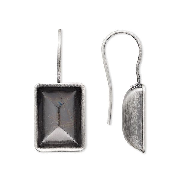 Ear wire, Almost Instant Jewelry®, antique silver-plated brass, 30x13mm fishhook with 14x10mm step-cut rectangle setting, 20 gauge. Sold per pkg of 2 pairs. image number 0