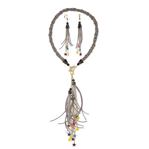 Necklace and earring set, One of a Kind Jewelry, gold- / silver-plated brass / satin cord / enamel, grey and multicolored, 20-inch necklace. Only one available.