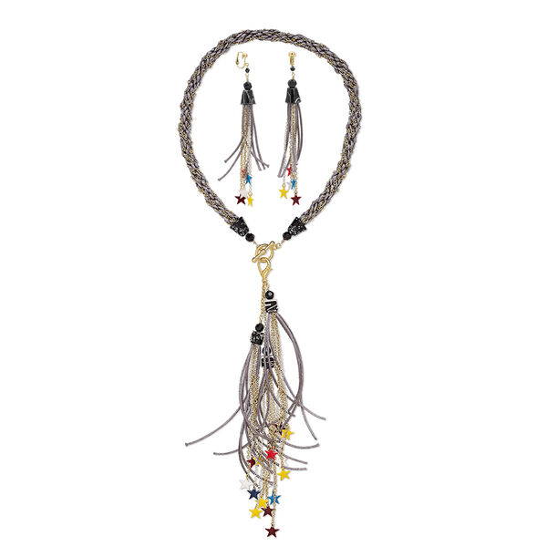 Necklace and earring set, One of a Kind Jewelry, gold- / silver-plated brass / satin cord / enamel, grey and multicolored, 20-inch necklace. Only one available. image number 0