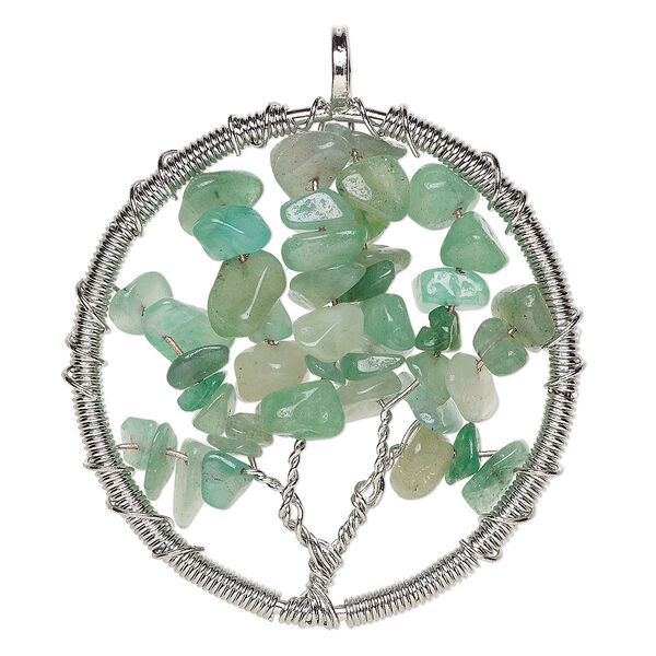 Focal, green aventurine (natural) and silver-plated brass, 55x52mm round with wire-wrapped tree design. Sold individually. image number 0