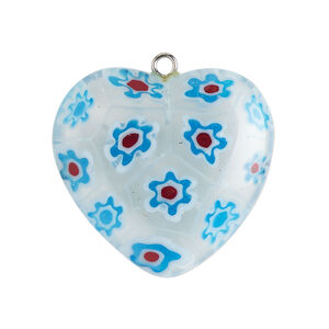 Focal 1pkg1, silver-finished steel / millefiori glass, transparent / translucent clear / multicolored, 29-31mm puffed heart.