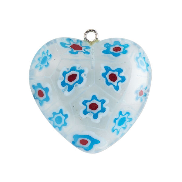 Focal 1pkg1, silver-finished steel / millefiori glass, transparent / translucent clear / multicolored, 29-31mm puffed heart. image number 0