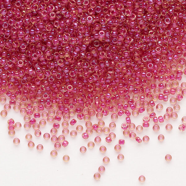 Seed bead, Miyuki, glass, pkg/35g, #15 rocaille, translucent light cranberry-lined luster topaz (RR-363). image number 0