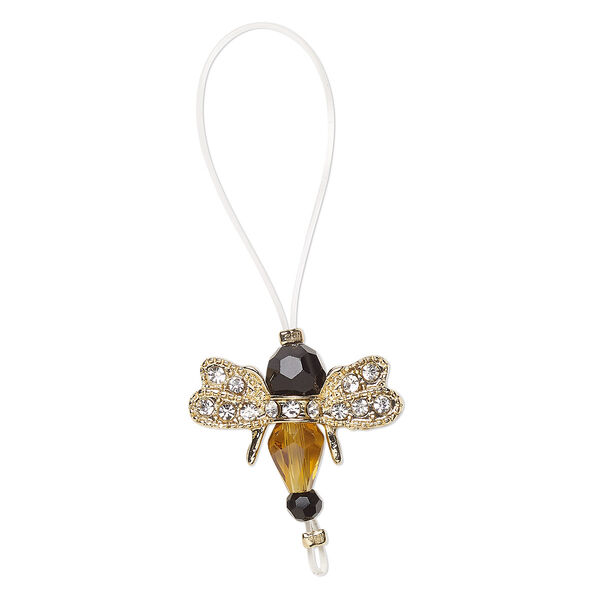 Bead, glass / glass rhinestone / gold-finished "pewter" (zinc-based alloy), clear / amber yellow / black, 21x17mm bee. Sold per pkg of 2. image number 0