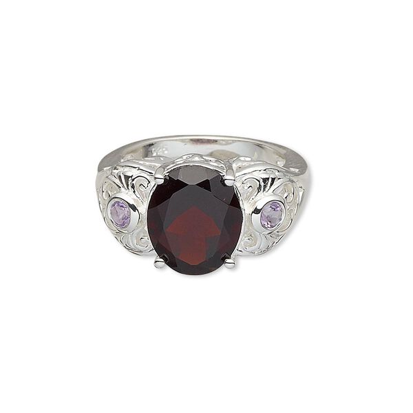Ring, garnet / amethyst (natural) / sterling silver, 12mm wide with 12x10mm faceted oval and 3mm faceted round, size 7. Sold individually. image number 0