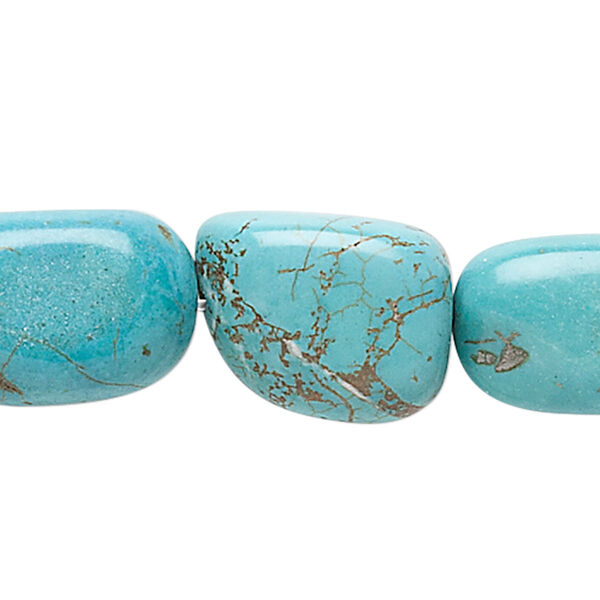 Bead, magnesite (dyed / stabilized), blue-green, medium to large tumbled flat nugget, Mohs hardness 3-1/2 to 4. Sold per 15-inch strand. image number 0