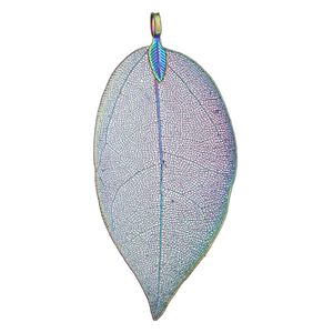 Pendant, copper-plated brass and Indian rubber plant, rainbow, 3 x 1-1/2 inch double-sided leaf. Sold individually.