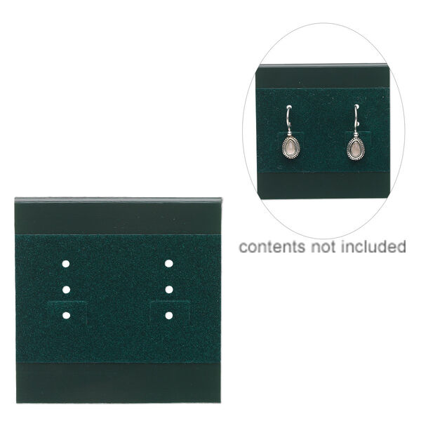 Earring card, plastic and velour, green, 2x2-inch square. Sold per pkg of 25. image number 0
